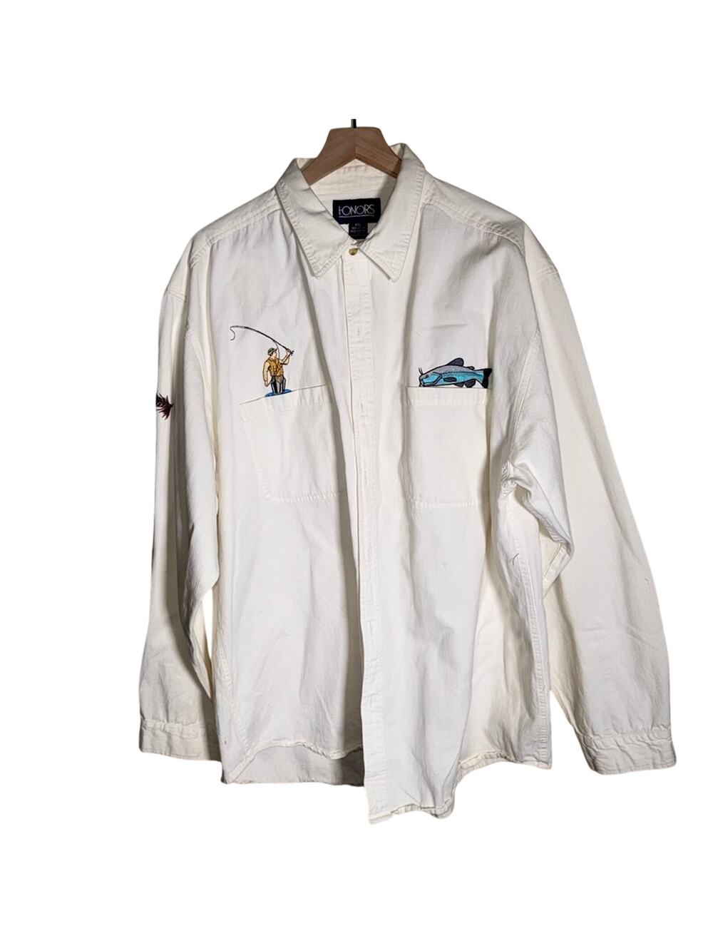 VINTAGE HONORS embroidered fly fishing gathers day gift oversized button down 2X